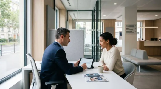 Conseiller bancaire et client assis à un bureau moderne lors d'une consultation patrimoniale dans une agence bancaire française contemporaine aux tons blancs et gris, lumière naturelle douce
