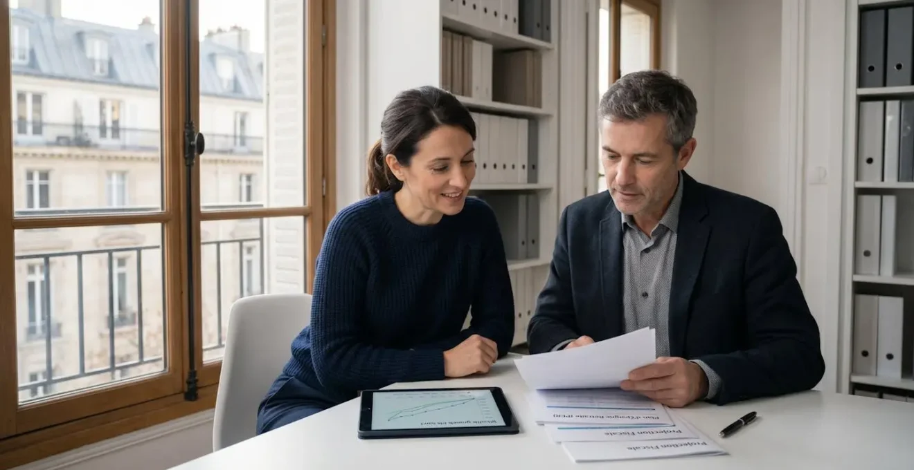 Conseillère financière et client quinquagenaire assis côte à côte dans un bureau contemporain lumineux, consultant ensemble des documents de planification retraite et un graphique sur tablette, avec vue sur architecture haussmannienne par la fenêtre