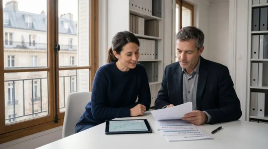Conseillère financière et client quinquagenaire assis côte à côte dans un bureau contemporain lumineux, consultant ensemble des documents de planification retraite et un graphique sur tablette, avec vue sur architecture haussmannienne par la fenêtre