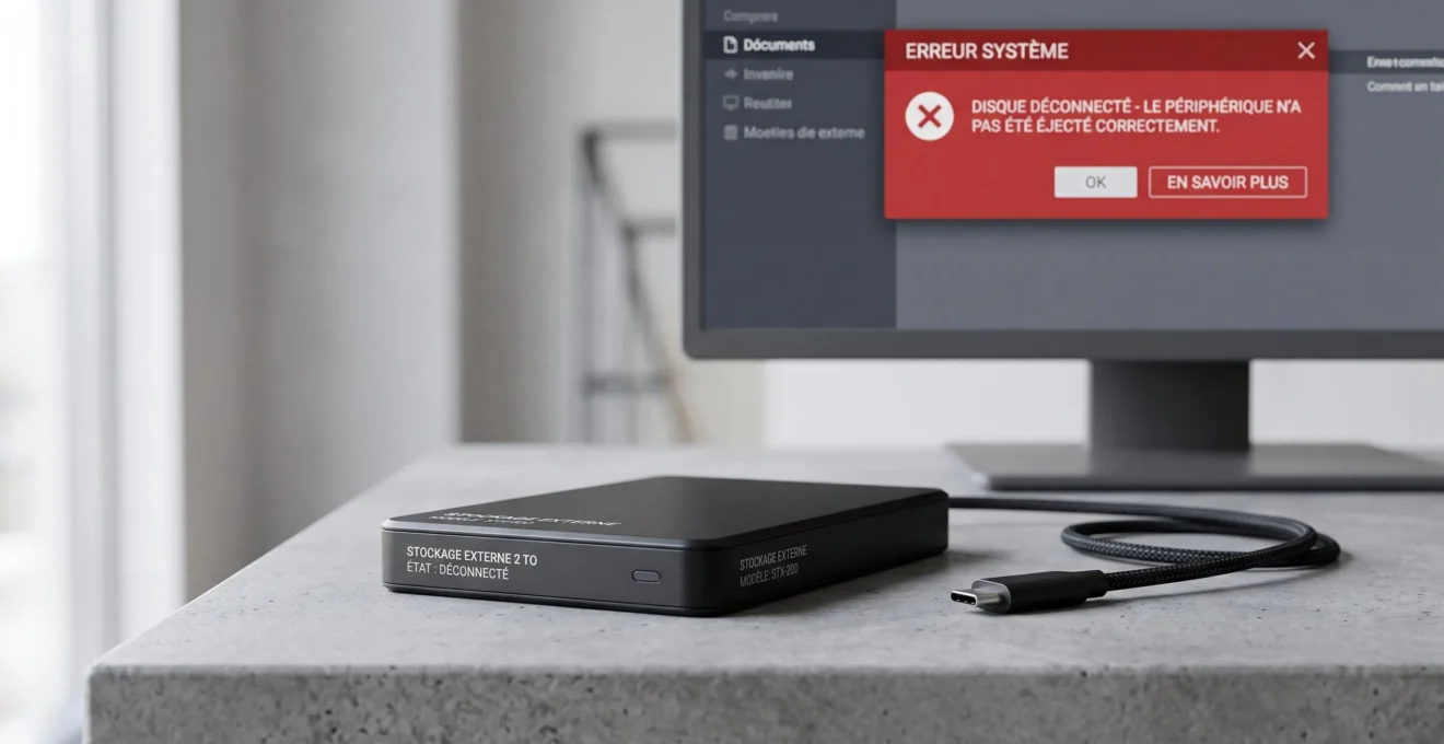 Disque dur externe professionnel déconnecté sur bureau avec écran d'ordinateur affichant alerte système en arrière-plan
