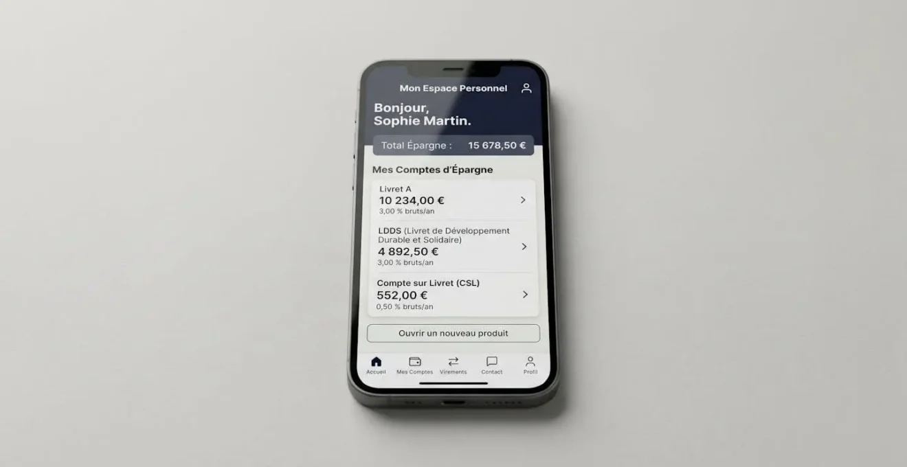 Écran de smartphone affichant interface d'application bancaire mobile française avec liste de livrets d'épargne réglementés (Livret A, LDDS) montrant soldes et taux d'intérêt