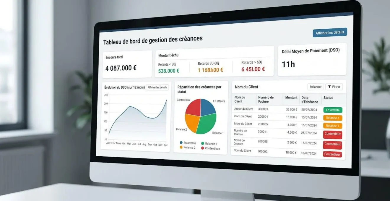 Écran affichant tableau de bord de gestion de créances avec graphiques d'évolution DSO, liste clients avec statuts colorés et indicateurs clés en français