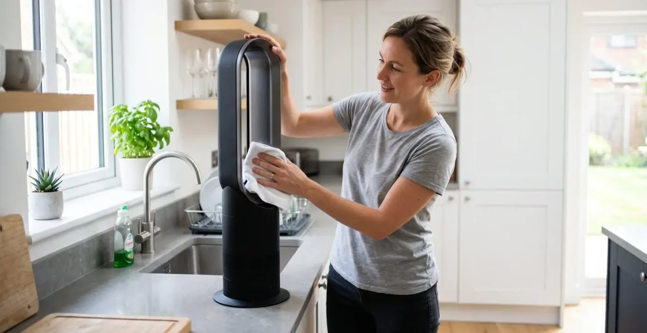 Personne essuyant un ventilateur colonne sans pales dans une cuisine lumineuse et moderne