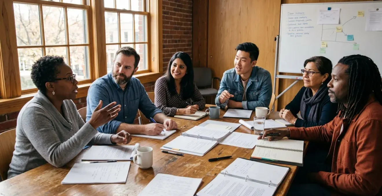 Groupe de personnes en réunion participative autour d'une table, échangeant sur des documents, dans une ambiance collaborative