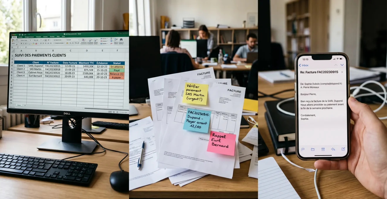 Espace de travail montrant trois sources d'informations non synchronisées : écran avec tableur Excel de suivi clients, factures papier avec Post-it, smartphone affichant emails