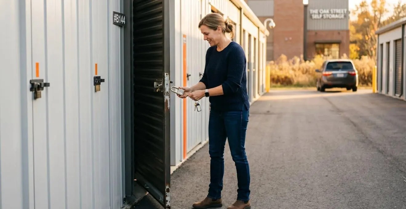 Femme ouvrant la porte de son box de stockage personnel dans une agence en plein air, cadenas en main, lumière de fin de journée
