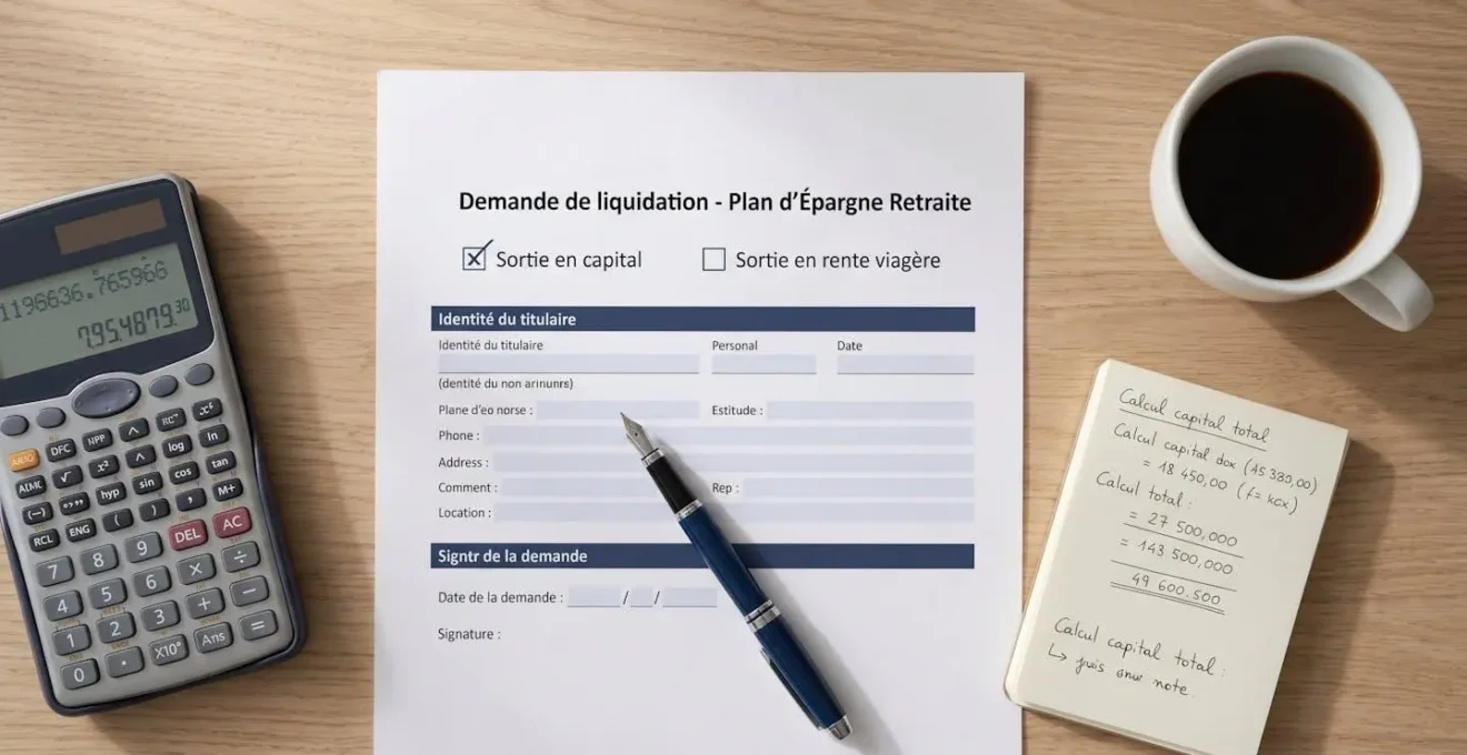 Vue aérienne d'un bureau minimaliste avec formulaire de liquidation PER présentant les deux options de sortie (capital ou rente viagère), accompagné d'un stylo, d'une calculatrice et de notes manuscrites
