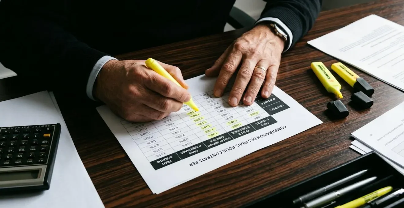Gros plan sur des mains tenant une loupe au-dessus d'un tableau comparatif de frais de PER avec colonnes détaillant frais d'entrée, de gestion et d'arbitrage en pourcentages, sur bureau en bois sombre