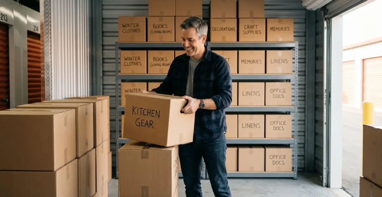 Homme d'une quarantaine d'années arrangeant des cartons bien étiquetés dans un box de stockage individuel propre et sec