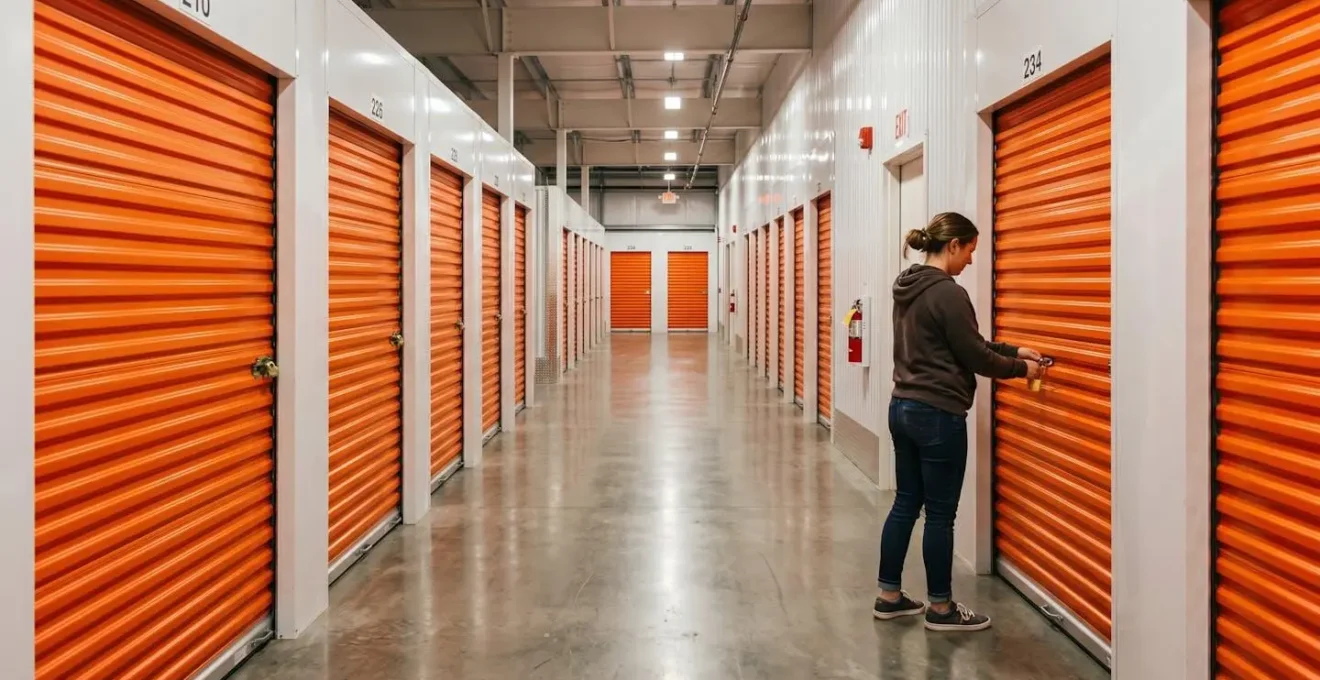 Couloir d'une unité de stockage moderne avec rangées de portes orange, lumière naturelle et allée dégagée