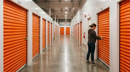 Couloir d'une unité de stockage moderne avec rangées de portes orange, lumière naturelle et allée dégagée