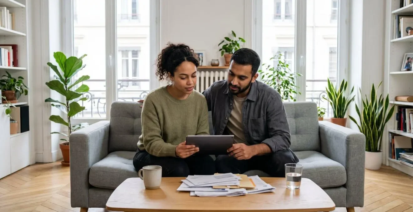 Jeune couple assis sur un canapé dans un intérieur moderne lumineux, consultant ensemble une tablette et des documents financiers pour préparer leur stratégie d'épargne