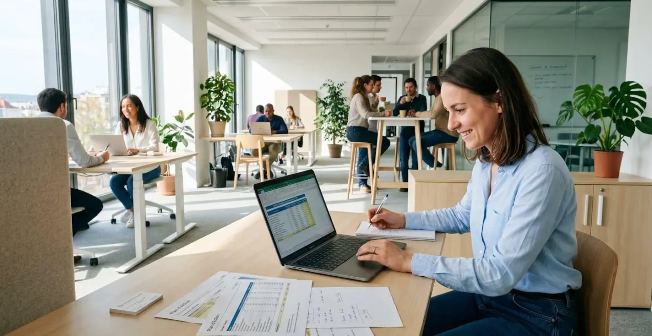 Jeune ingénieure trentenaire assise à son bureau d'open space moderne, consultant des documents de planification épargne retraite sur ordinateur portable dans un environnement de travail lumineux et collaboratif