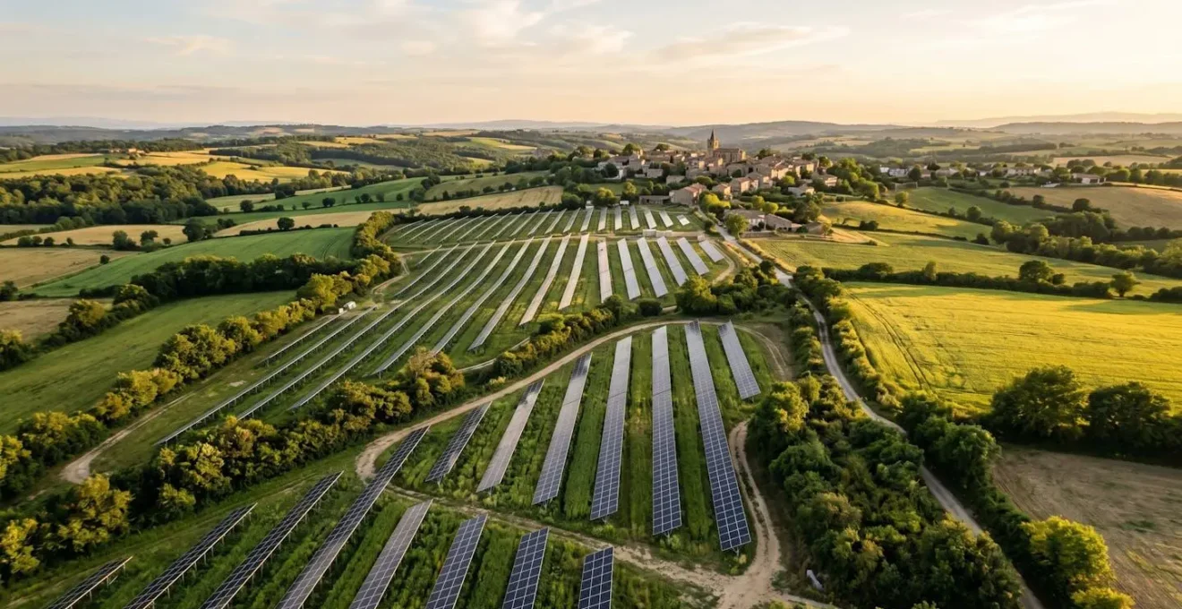 Installation agrivoltaïque intégrée dans un paysage agricole français avec rangs de panneaux solaires entre cultures