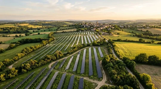 Installation agrivoltaïque intégrée dans un paysage agricole français avec rangs de panneaux solaires entre cultures