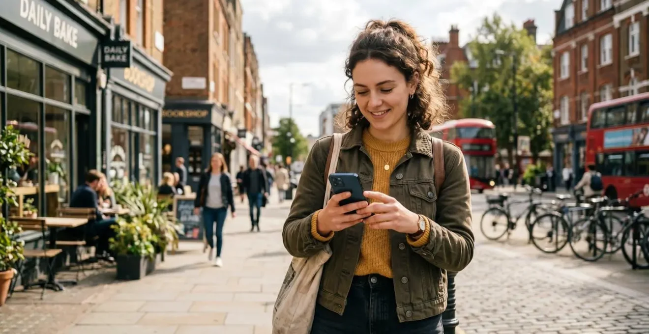 Une personne consulte une application bancaire sur son téléphone en extérieur, dans un quartier urbain ensoleillé