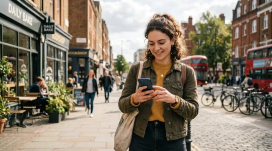 Une personne consulte une application bancaire sur son téléphone en extérieur, dans un quartier urbain ensoleillé