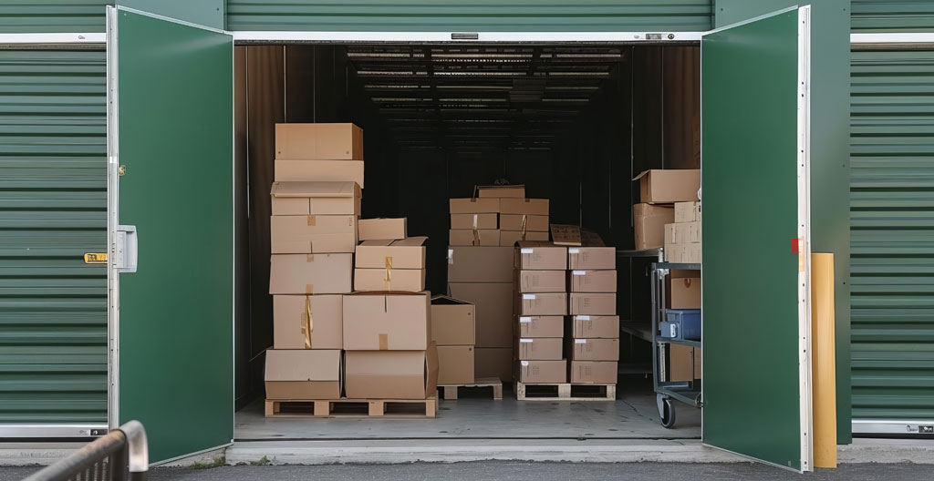 Homme d'une quarantaine d'années arrangeant des cartons bien étiquetés dans un box de stockage individuel propre et sec