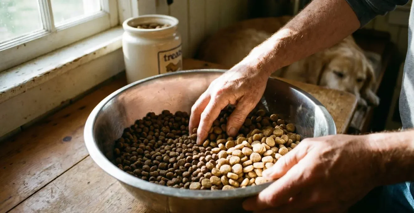 Deux mains versant progressivement des nouvelles croquettes dans un bol contenant encore des anciennes, illustrant la transition alimentaire d'un chiot