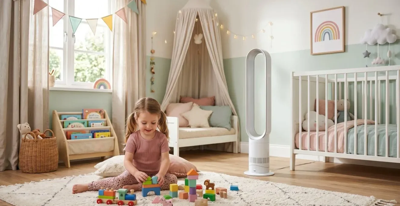 Ventilateur colonne sans pales dans une chambre d'enfant lumineuse, enfant jouant au sol au premier plan