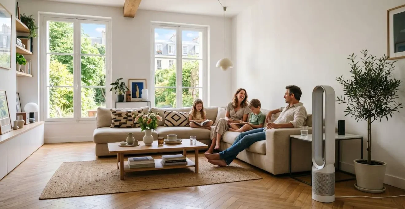 Ventilateur colonne sans pales posé dans un salon moderne avec une famille en arrière-plan