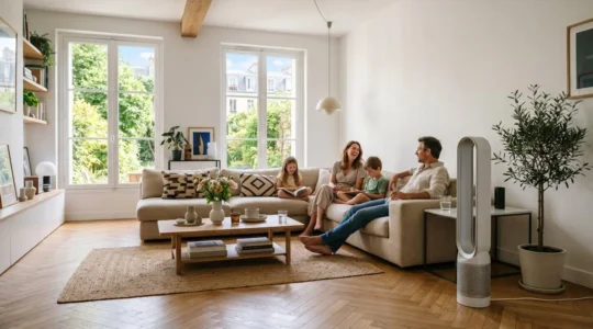 Ventilateur colonne sans pales posé dans un salon moderne avec une famille en arrière-plan