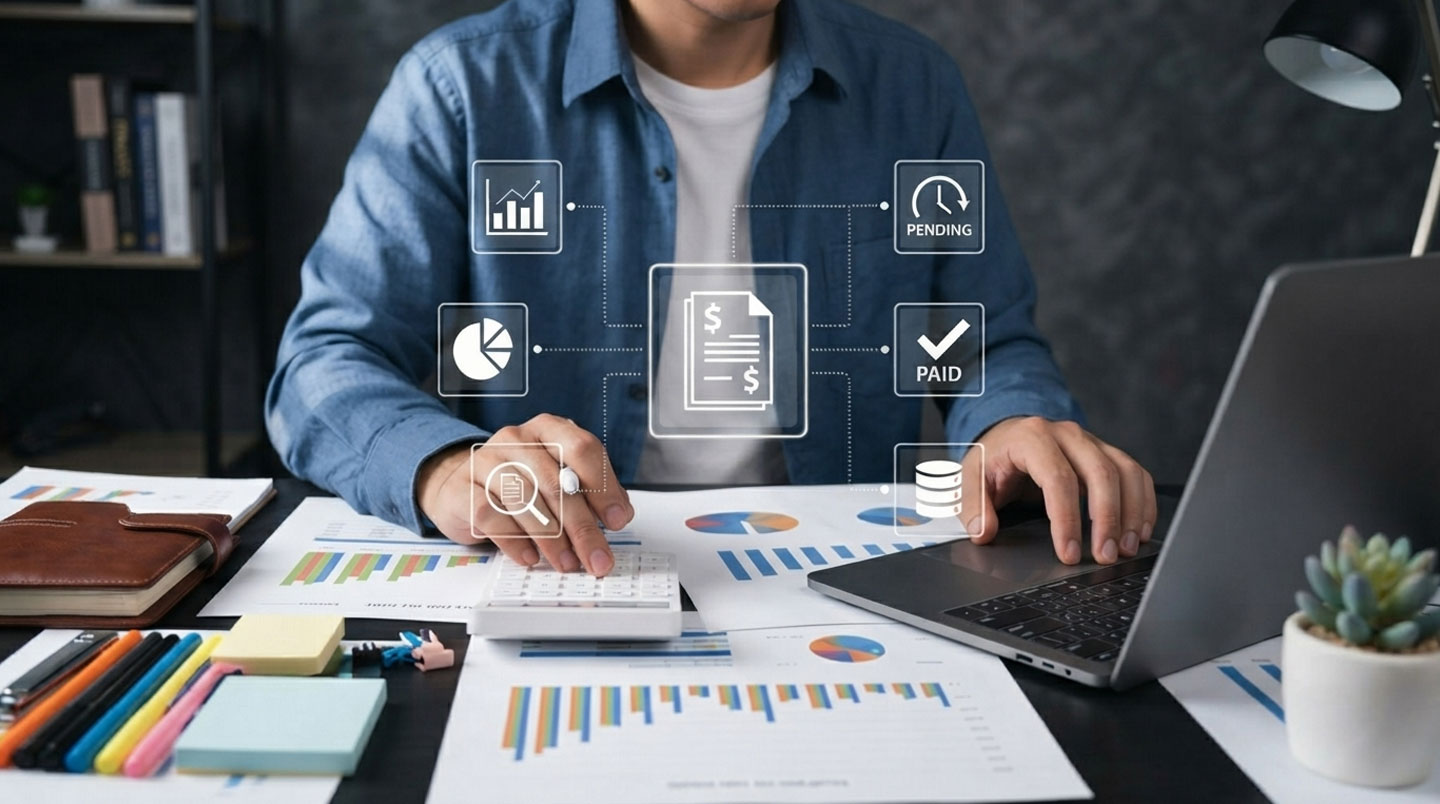 Espace de travail montrant trois sources d'informations non synchronisées : écran avec tableur Excel de suivi clients, factures papier avec Post-it, smartphone affichant emails