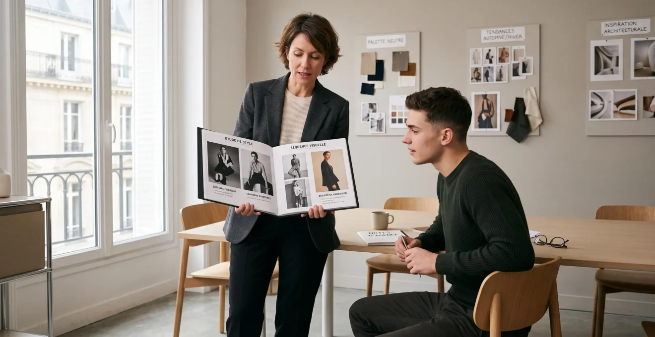 Agent d'une agence de mannequins présentant un book professionnel ouvert à un jeune talent lors d'une session de coaching dans un bureau parisien lumineux