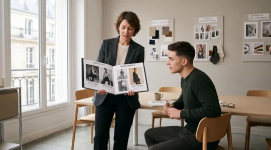 Agent d'une agence de mannequins présentant un book professionnel ouvert à un jeune talent lors d'une session de coaching dans un bureau parisien lumineux