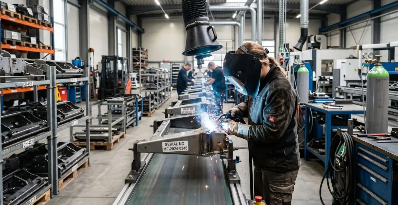 Atelier de production métallique avec soudeur utilisant torche MIG sur assemblages en série