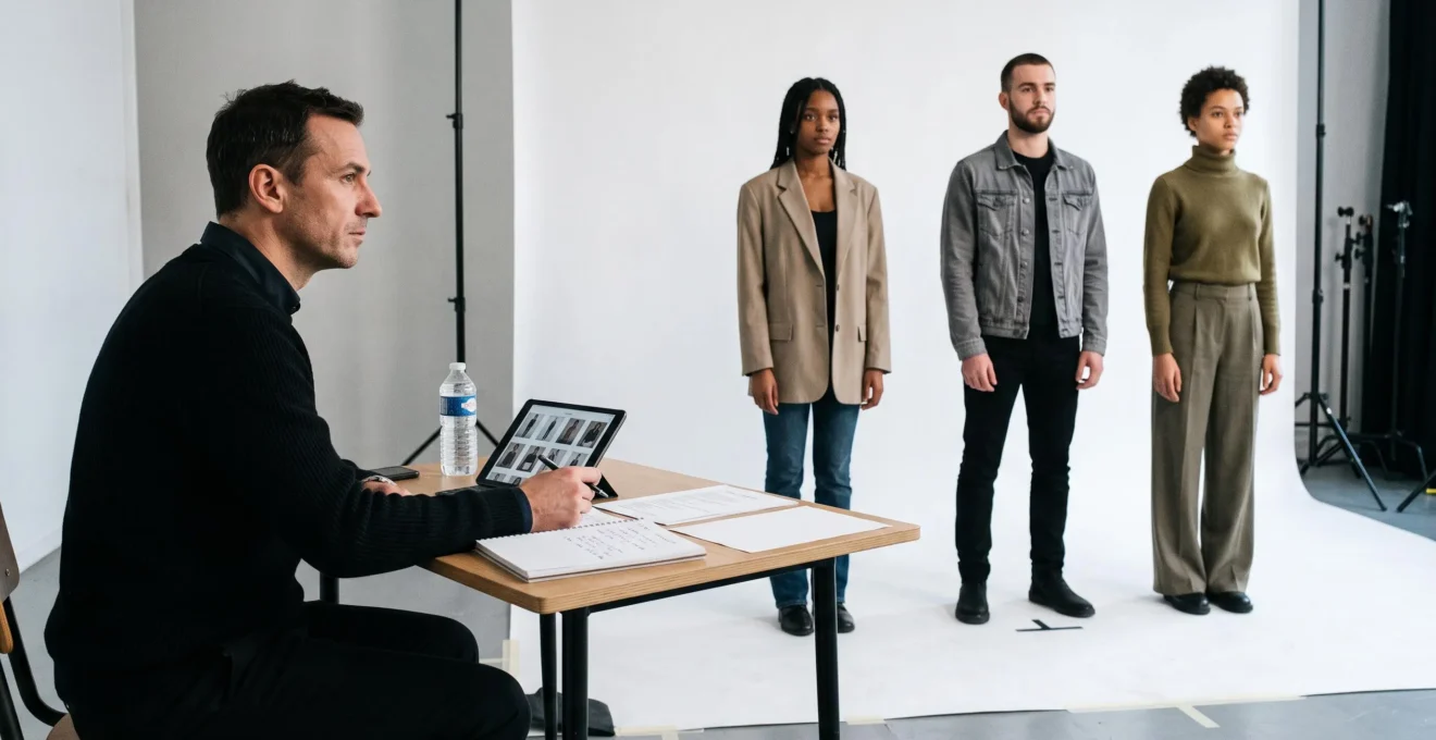 Directeur de casting assis à sa table, évaluant attentivement trois mannequins debout en position d'audition dans un studio professionnel parisien avec fond blanc