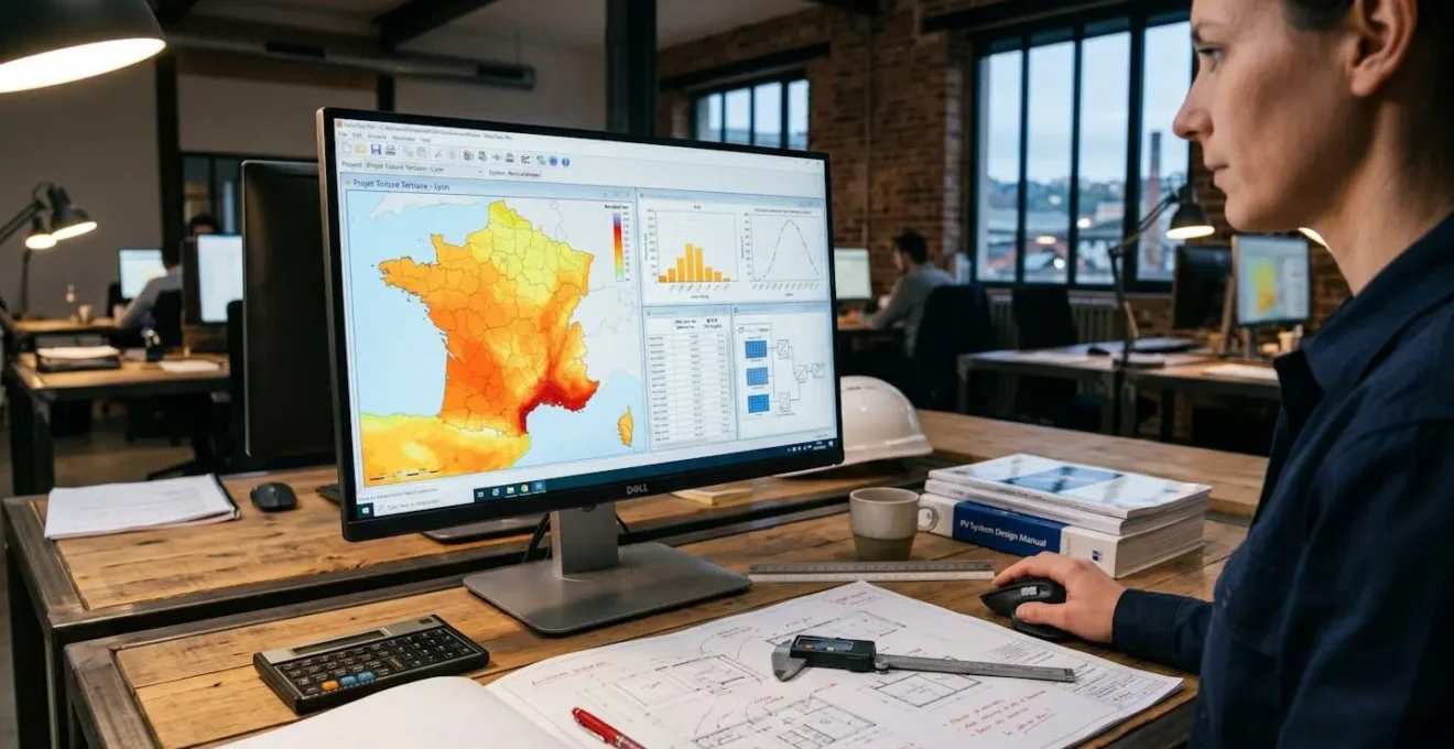 Écran d'ordinateur affichant logiciel professionnel de calcul d'installation photovoltaïque avec données d'ensoleillement