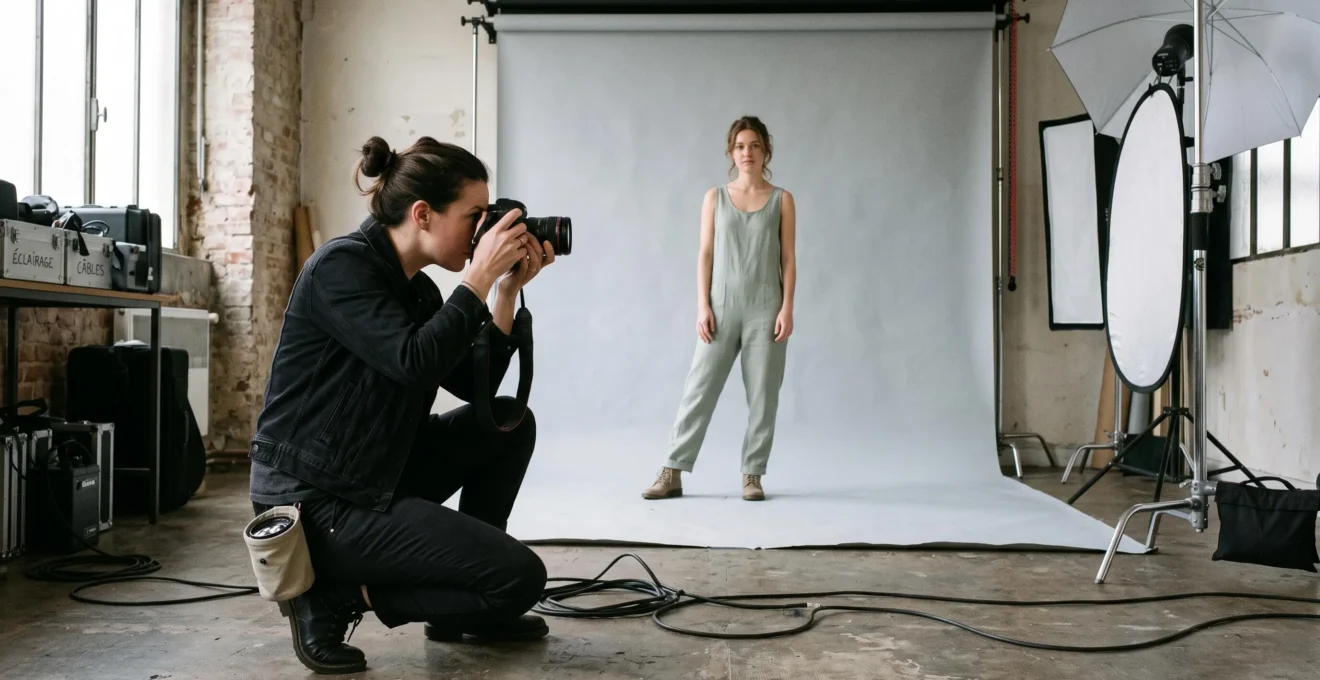 Photographe accroupie photographiant un mannequin debout lors d'un shooting book professionnel dans un studio parisien avec fond neutre et éclairage dirigé