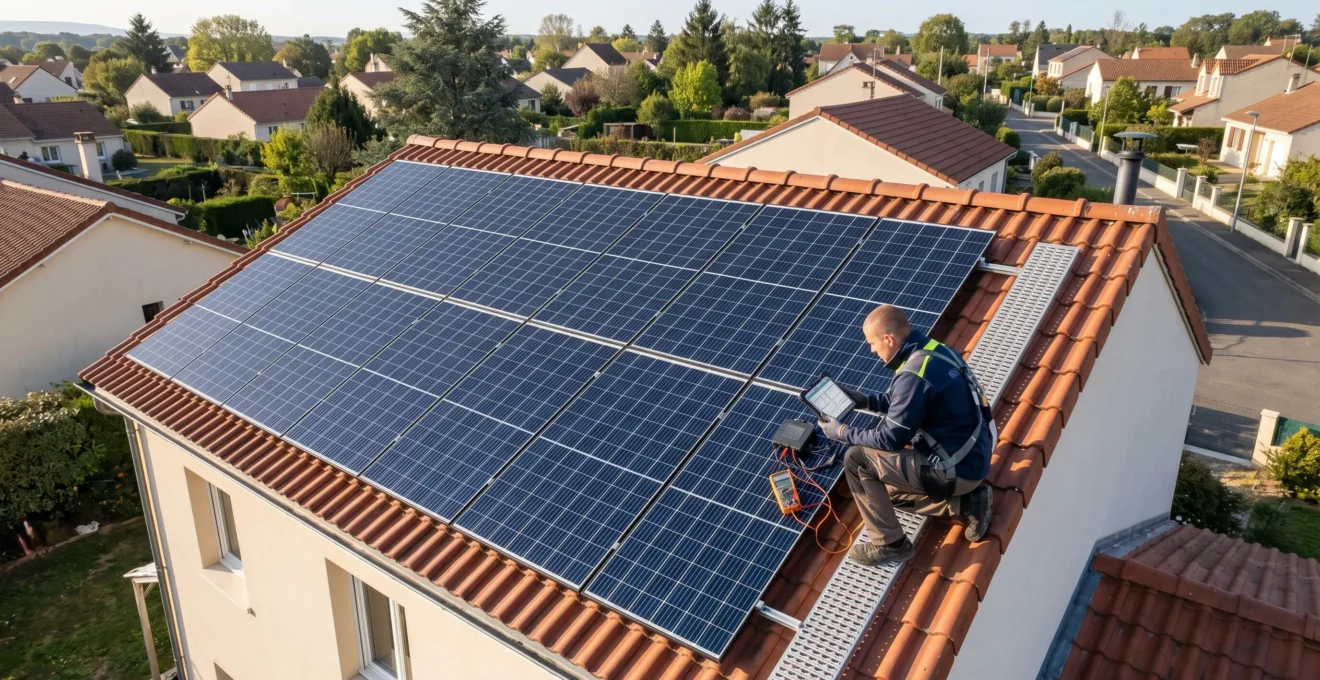 Vue aérienne d'une installation photovoltaïque sur maison individuelle française avec technicien en intervention de maintenance