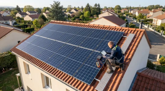 Vue aérienne d'une installation photovoltaïque sur maison individuelle française avec technicien en intervention de maintenance