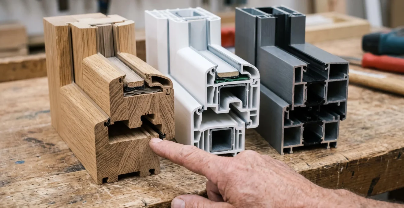 Gros plan sur trois échantillons de profilés de fenêtres en bois, PVC et aluminium côte à côte