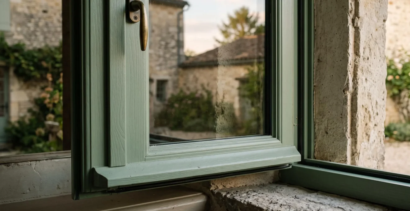 Détail d'une fenêtre en bois avec finition personnalisée de couleur installée dans un mur résidentiel