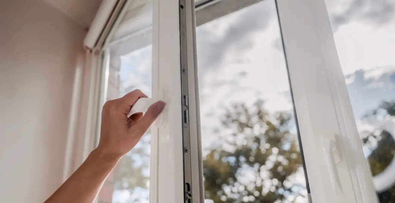 Détail d'une fenêtre en bois avec finition personnalisée de couleur installée dans un mur résidentiel