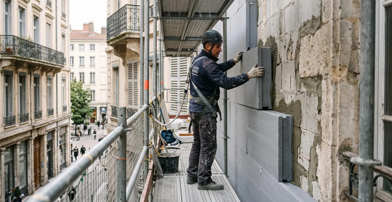 Technicien installant des panneaux solaires photovoltaïques sur le toit d'une maison individuelle en France