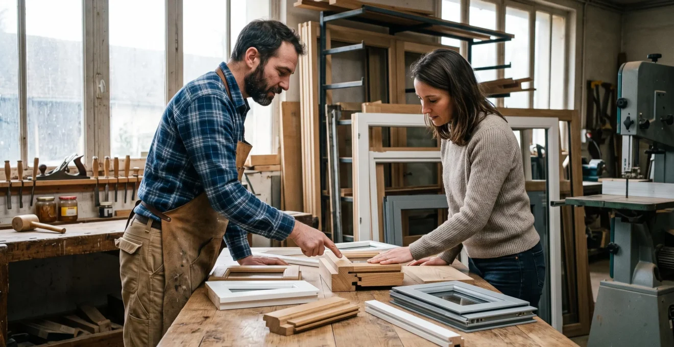 Menuisier professionnel et client examinant des échantillons de profilés de fenêtres sur une table de travail dans un atelier