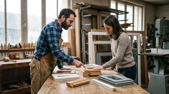 Menuisier professionnel et client examinant des échantillons de profilés de fenêtres sur une table de travail dans un atelier