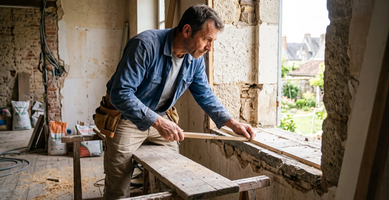 Menuisier professionnel prenant les mesures précises d'une ouverture de fenêtre dans une maison en rénovation