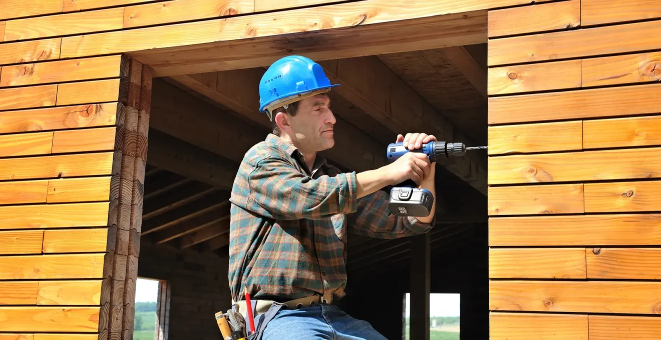 Menuisier professionnel prenant les mesures précises d'une ouverture de fenêtre dans une maison en rénovation
