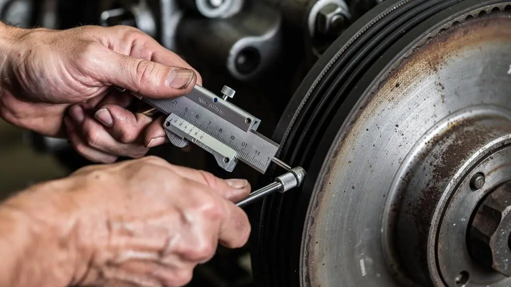 Gros plan sur les mains d'un technicien utilisant un outil de mesure de tension sur une courroie trapézoïdale industrielle