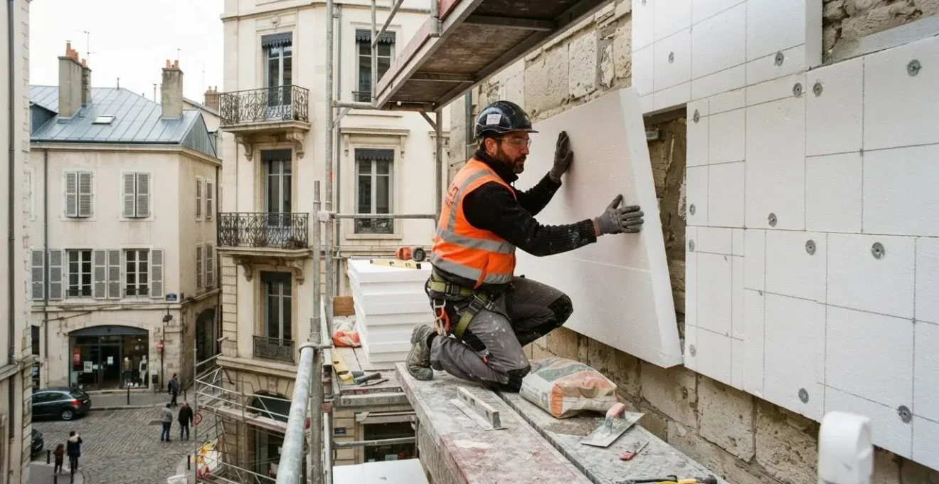 Artisan posant des panneaux d'isolation thermique sur la façade d'un immeuble en France