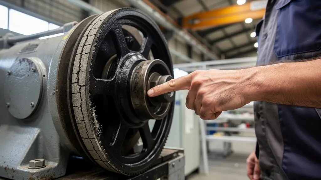 Technicien examinant les fissures et signes d'usure sur une courroie trapézoïdale installée sur un système de transmission industriel