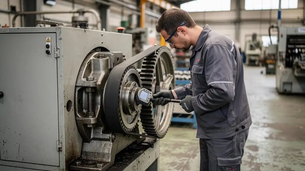 Technicien de maintenance inspectant une courroie trapézoïdale sur un système de transmission à poulies dans un atelier industriel