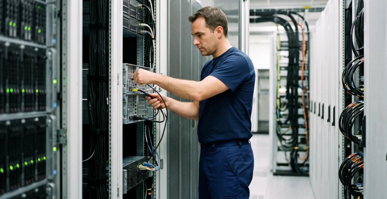 Un technicien installe et configure des serveurs dans un rack de datacenter moderne