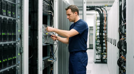 Un technicien installe et configure des serveurs dans un rack de datacenter moderne