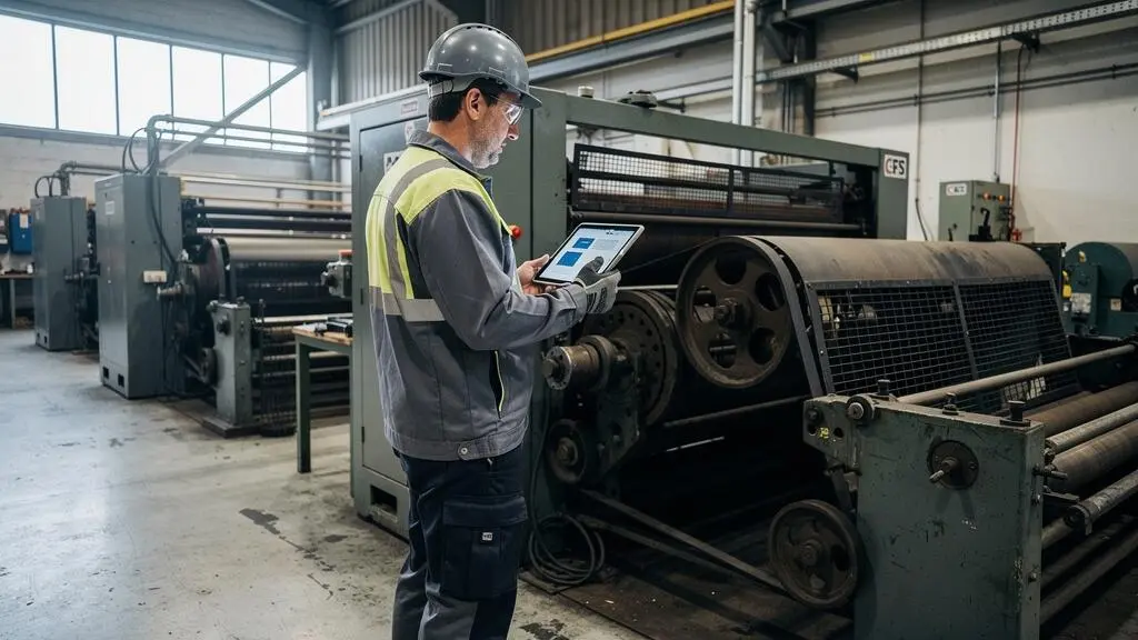 Technicien de maintenance enregistrant des données d'inspection sur une tablette numérique devant un équipement industriel à transmission par courroie